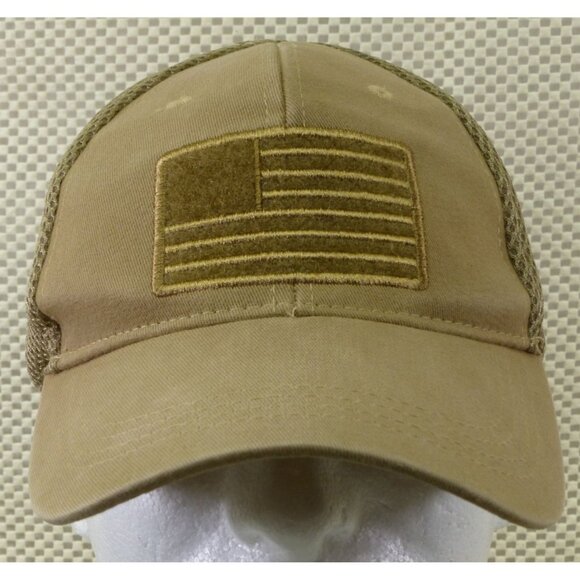 Highland Tactical Tan Mesh Back Cap With Embroidered American Flag - Picture 1 of 8